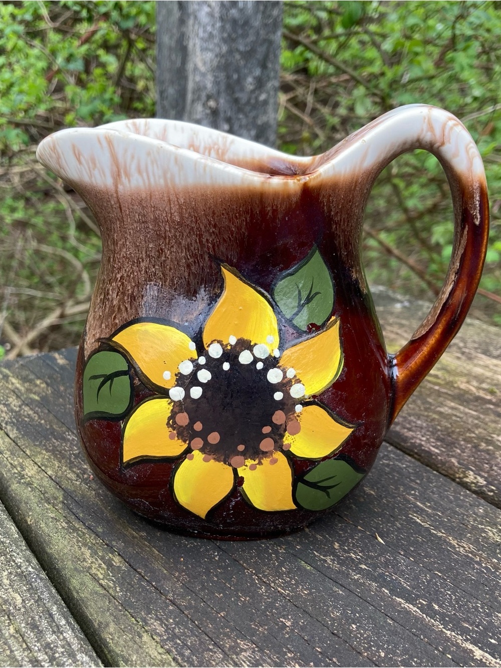 Vintage MCM USA Brown Drip Glaze Pottery Pitcher with Handpainted Sunflower!